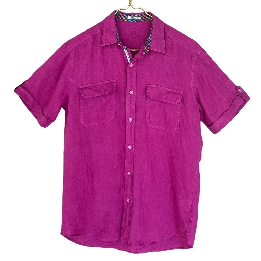Bugatchi Men’s Shaped Fit Pink Linen Short Sleeve Button Down Shirt - Picture 2 of 9